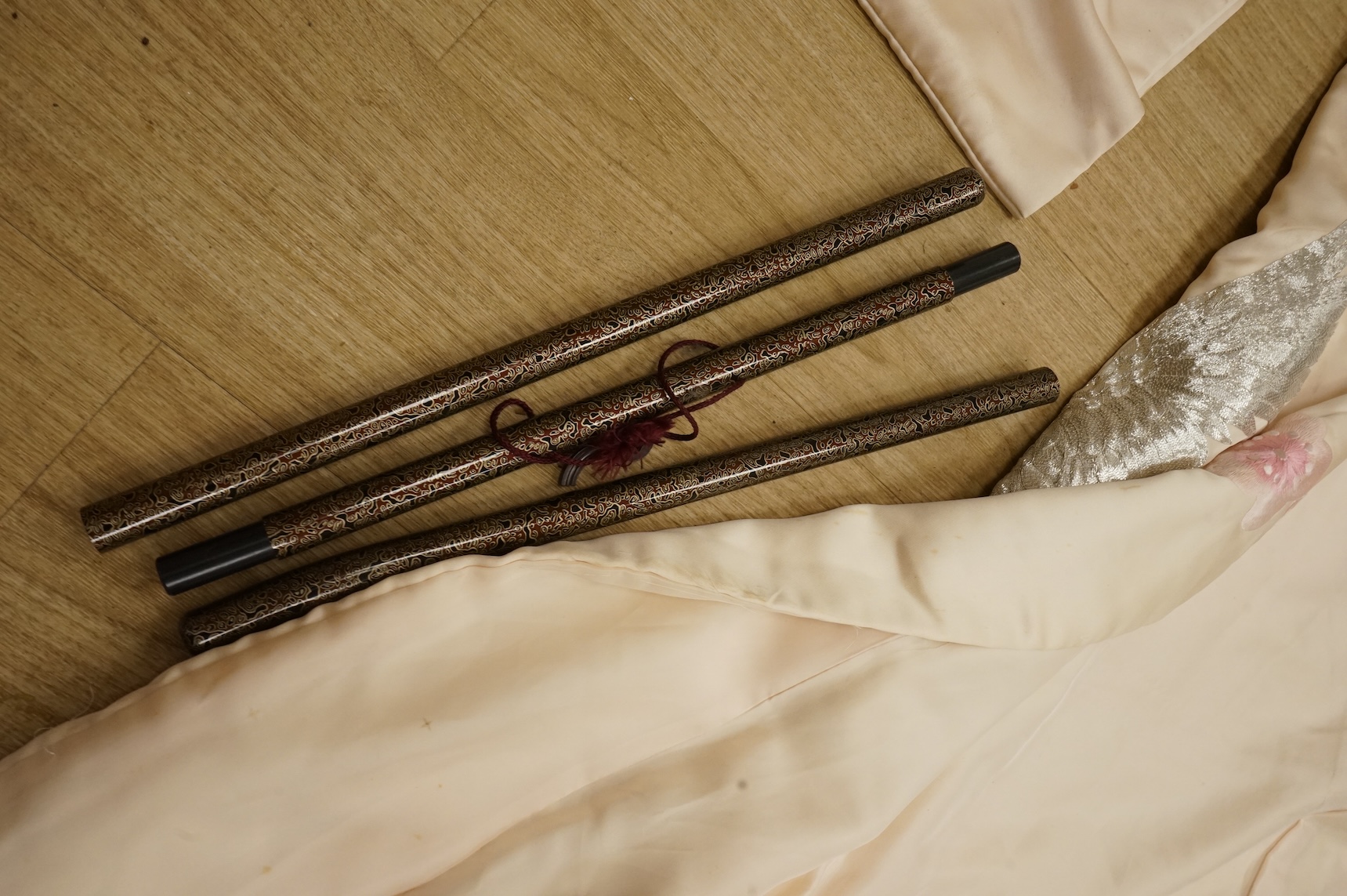 A group of sundry plated items including dwarf candelabra, a pair of wine coasters, a pair of grape shears, etc., and a quantity of assorted ivorine handled table and dessert knives.